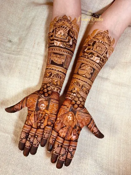 A full view of the design for the Dubai-based bride, showing the individual portraits and surrounding traditional patterns.