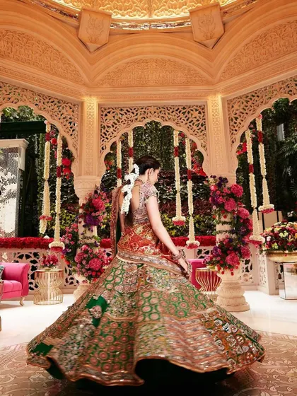 The full twirl of the custom Anamika Khanna lehenga, showing off the incredible volume and craftsmanship. This is what fusion heritage styling is all about.
