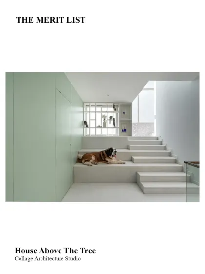 Our project, 'House Above The Tree', was also recognized by The Merit List. This image captures the serene atmosphere of the stair-lounge, a favorite spot for the family's Saint Bernard.