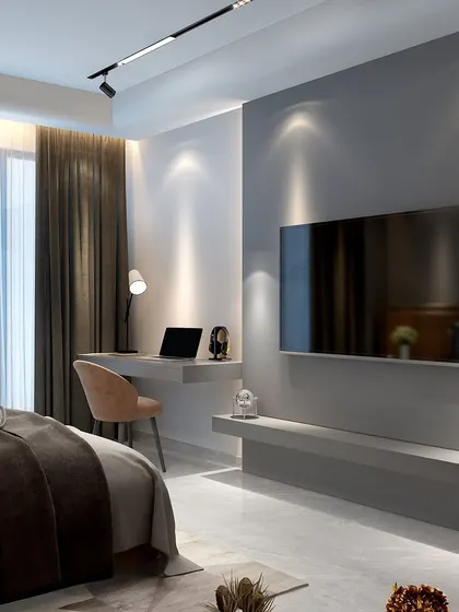 The TV and study area of the boy's bedroom, featuring a floating desk and shelf. The design is simple, functional, and maintains the room's modern, uncluttered vibe.