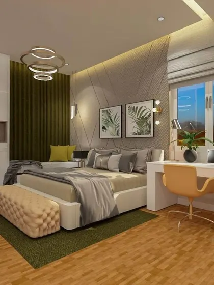 A spacious master bedroom that combines multiple textures and materials, including wood, fabric, and glossy laminates. The room includes a comfortable seating area by the window and a dedicated study desk, making it a multi-functional retreat.