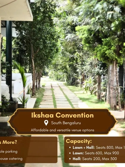 A detailed look at our Ikshaa Convention venue in South Bengaluru. With a capacity of up to 1200 guests across its lawn and hall, ample parking, and in-house catering, it offers a versatile and affordable option for weddings.