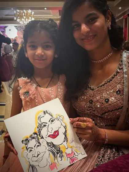 Two sisters or friends with their lovely caricature, a shared memory of a fun event.
