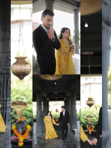 A collage of Hiren and Sakshi's traditional pre-wedding shoot at a temple-inspired location. The images capture moments of prayer, quiet walks, and serene portraits, blending spirituality with romance.