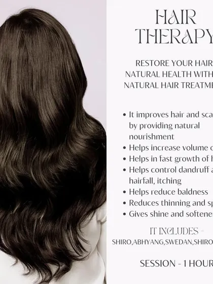For those seeking intensive treatment, I offer a one hour hair therapy session at my clinic. This natural treatment includes Shirodhara and Abhyang to improve scalp health, control dandruff, and reduce hair fall.