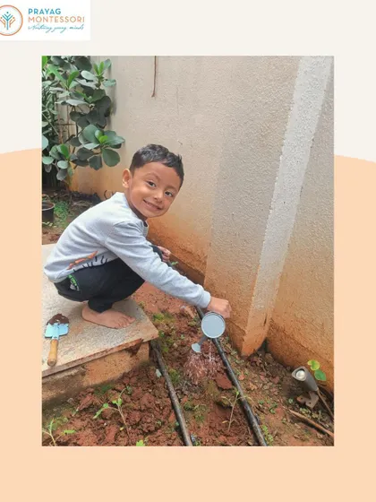 Watering the plants is a favorite activity that helps children develop coordination and a sense of purpose.