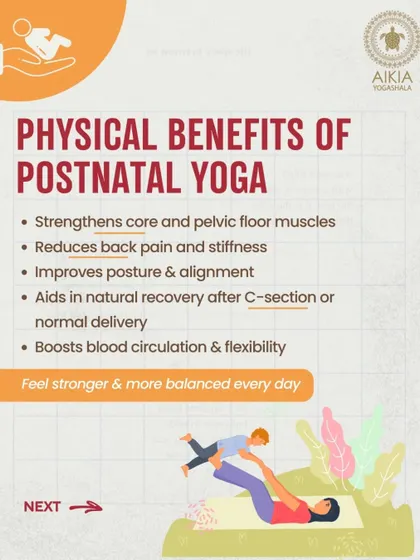 Our postnatal yoga program offers numerous physical benefits, including strengthening the core and pelvic floor, reducing back pain, and aiding in natural recovery after delivery.