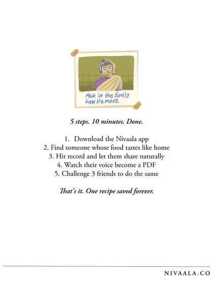 Five steps, ten minutes. That's all it takes to save a recipe forever with our app. Download the app, find someone whose food tastes like home, hit record, and watch their voice become a permanent PDF.