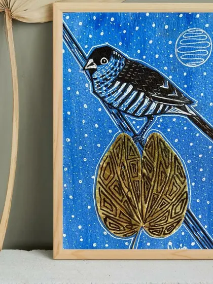 From the "VIBING with NATURE" exhibition, this series by Puja Kumari uses preserved dried leaves as a central element. Her unique style combines delicate ink drawings of birds with the natural texture of the leaves, creating beautiful, eco-friendly art.