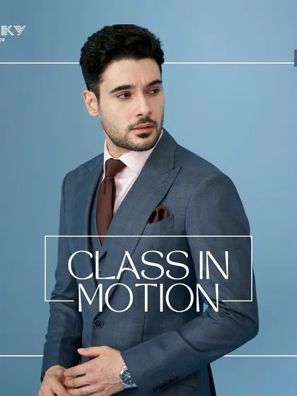Class in motion. This blue three-piece suit is crafted for confidence, a suit that speaks volumes about your personal style and sophistication.
