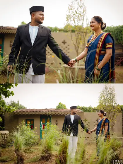 Holding hands and walking through a rustic, natural landscape. This image beautifully blends the traditional attire with the simplicity of nature, symbolizing a love that is both rooted and free.