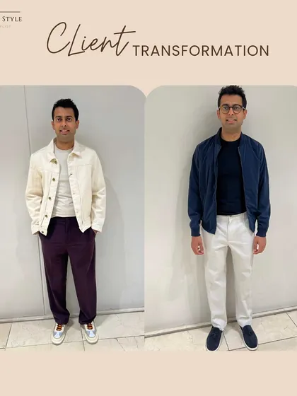 Here, we focused on creating balance. By pairing a structured jacket with well-fitting trousers, we created a sharp, modern look that is a significant upgrade from the previous casual combination.