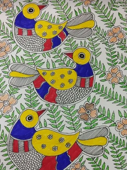 This colorful piece filled with birds and leaves is a wonderful example of Madhubani art. It was created by a student, who did a fantastic job with the bright colors and fine line work.