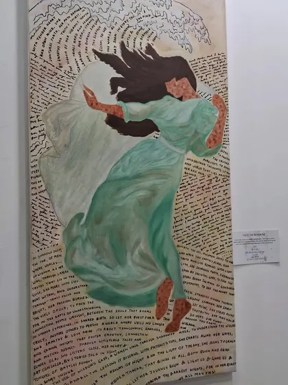 A dynamic painting of a woman dancing freely, with text woven into the background, from Sinal Bajaj's series on feminine expression.