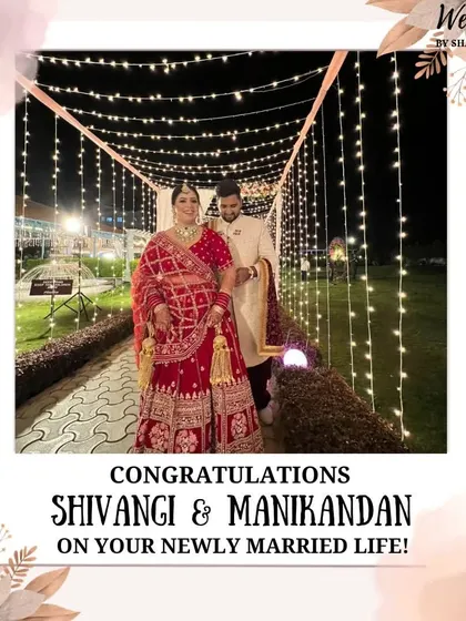 Congratulations to Shivangi & Manikandan! A beautiful photo of the happy couple under a canopy of fairy lights, a perfect memory from their special day.