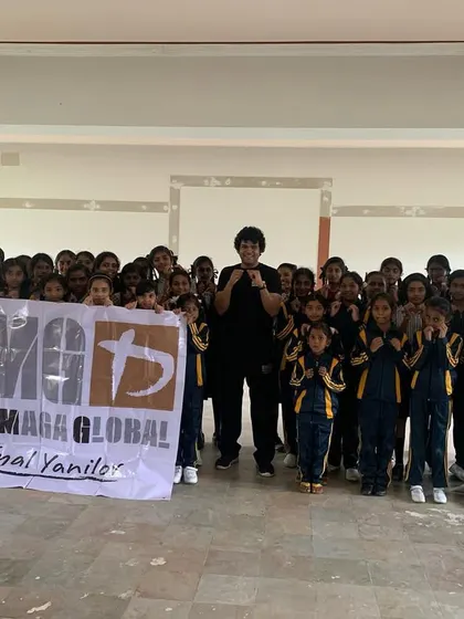 A group photo after our kids' self-defense workshop for Tadmore Academy in Bangalore. We are proud to help these young students learn how to protect themselves.
