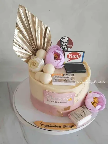 A retirement cake celebrating new beginnings. This design includes elements representing work, hobbies, and favorite things to enjoy in retirement.