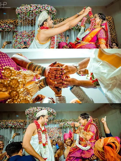 A collage of key wedding rituals, from the couple being lifted by family to the tying of the sacred knot.