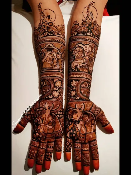 A royal-themed design featuring the bride and groom on elephants, symbolizing a grand and majestic union. The palms show a close-up portrait of the couple.