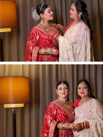 A touching collage of a bride and her mother on the wedding day. It captures the mother helping her daughter get ready, a timeless and emotional moment.