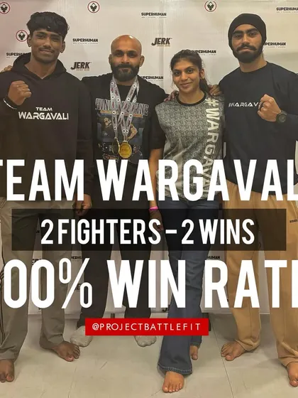 Coach Chaitanya Gavali's fight team from Ultimate Fitness MMA, featuring my athletes Abhishek Nishad and Bhakti Katu, secured a 100% win rate at the Superhuman Battleground competition.