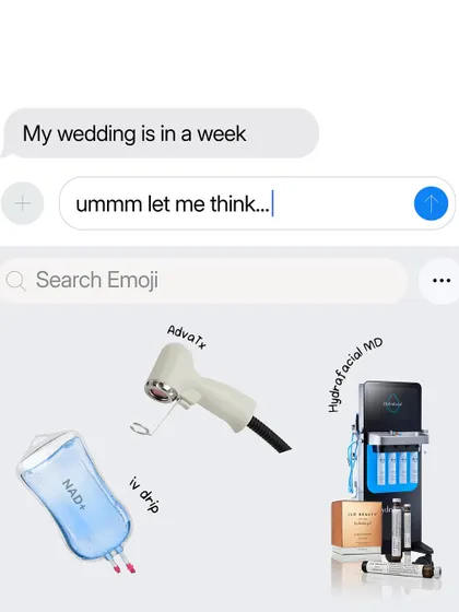 A wedding in a week calls for treatments that deliver a beautiful glow without downtime. I often recommend a combination of an IV drip for inner radiance, ADVATx for clarity, and a HydraFacial for a perfect finish.