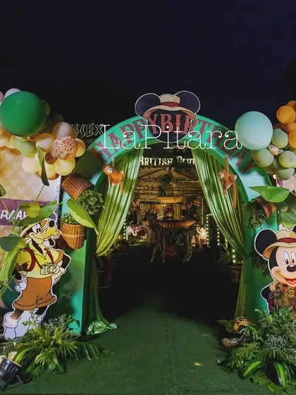 A clear, centered shot of the Mickey Mouse jungle safari entrance, showing the perfect symmetry and balance of the design.