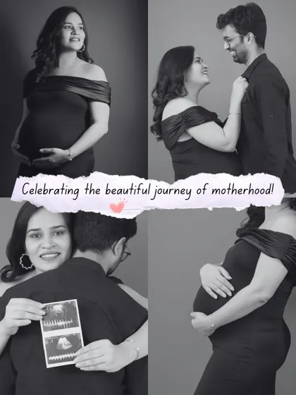 This black and white collage celebrates the journey of motherhood by combining solo bump shots, a couple's portrait, and the special sonogram photo.