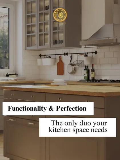 Functionality and perfection are the only duo your kitchen needs. This design showcases a farmhouse-style kitchen with shaker cabinets, a wooden countertop island, and practical hanging storage for a timeless and efficient workspace.
