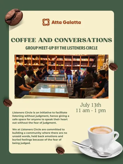Poster for 'Coffee and Conversations', a group meetup by The Listeners Circle.