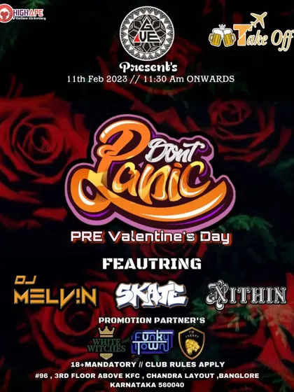 "Don't Panic" Pre-Valentine's Day party poster for an event at Take Off.