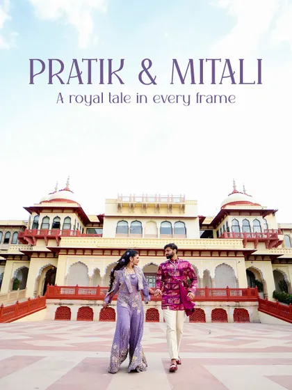 A stunning portrait of the couple in front of the majestic Rambagh Palace. A destination wedding is also about capturing the essence of the location in your memories.