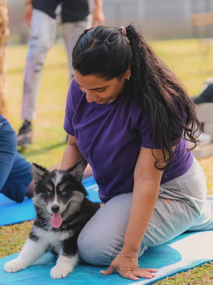 A moment of connection between a yoga participant and a curious husky puppy.