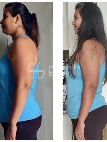 This side view of Ishani's progress highlights the inches lost and improved posture. It's a great example of what consistent, small changes can do.