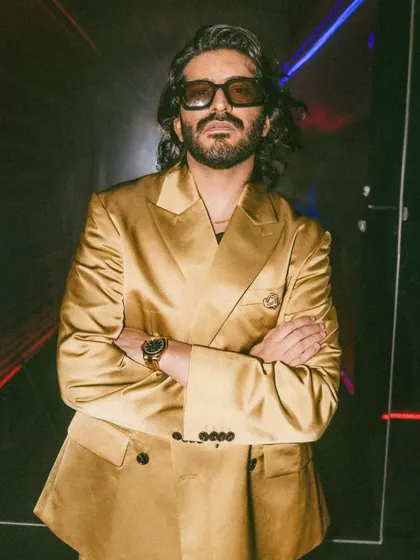 A powerful portrait of Harshvarrdhan Kapoor, with his hair perfectly styled to complement his high-fashion look.