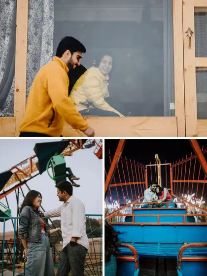 This collage shows different ways to make your session personal, from a cozy indoor moment to a fun day at an amusement park.