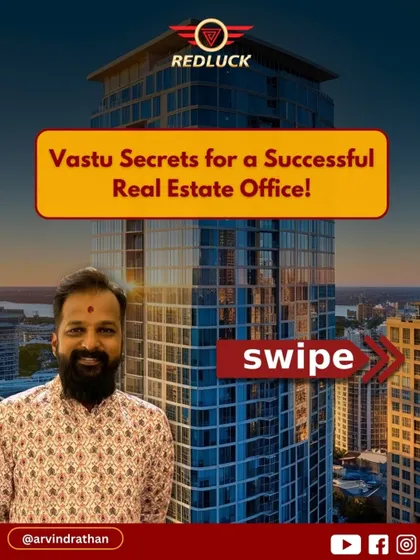 This carousel introduces Vastu secrets for a successful real estate office, focusing on remedies for slow sales and stuck deals.