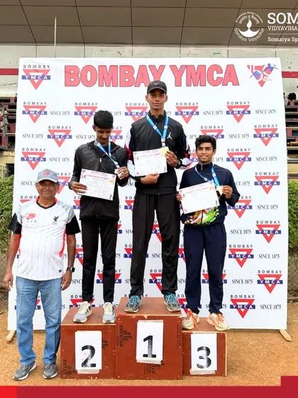 Three of our male athletes dominate the podium, showcasing their success at the state-level athletics meet.