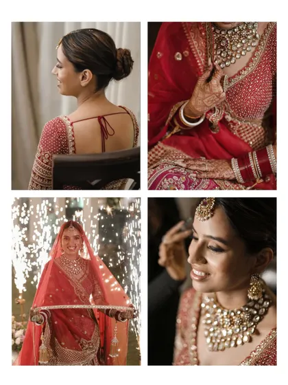 A collage of the bride's portraits and her grand entrance, capturing the emotion of the moment.