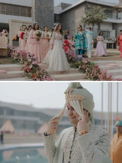 A collage showing the bride's grand entrance and a candid shot of the groom adjusting his turban, telling both sides of the pre-ceremony story.
