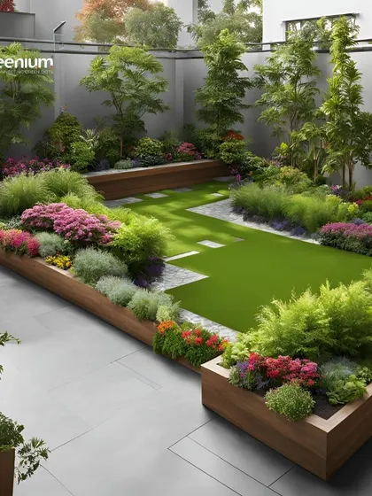 Another 3D backyard design, this one featuring a colorful flower bed set within a wooden planter box. The design combines artificial grass with stone pavers for a modern, low-maintenance look.