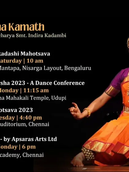 The performance schedule for my student Apeksha Kamath, with events in Bengaluru, Udupi, and Chennai.