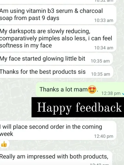 After just 9 days of using the Vitamin B3 serum and charcoal soap, this customer felt her dark spots reducing, her face glowing, and her skin feeling softer. I'm so impressed with her results too.