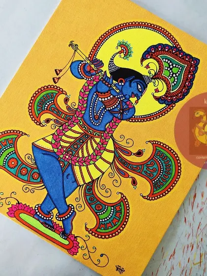 A classic depiction of Venugopala, or Krishna with his flute, against a bright yellow background. This 12x14 inch piece, with its intricate details and dynamic pose, was a popular commission and has been sold.