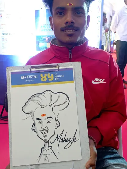 Another caricature from the Sakal Media event, showcasing a unique hairstyle that was fun to exaggerate. Each drawing is tailored to the individual's look and vibe.