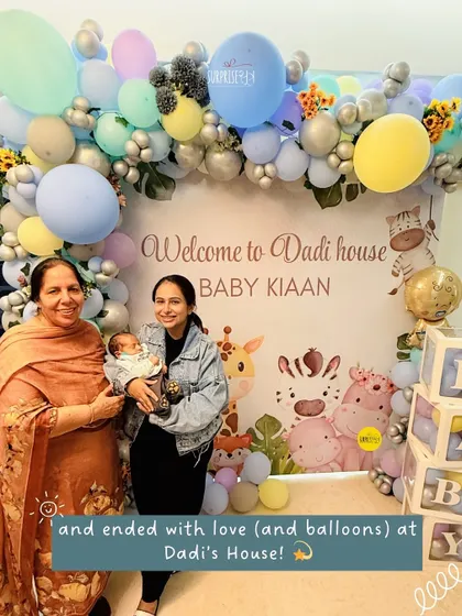 And the final stop, a warm and loving welcome at Dadi's house! This jungle-themed setup with pastel balloons and cute animal cutouts was the perfect way to end the celebration journey for baby Kiaan.
