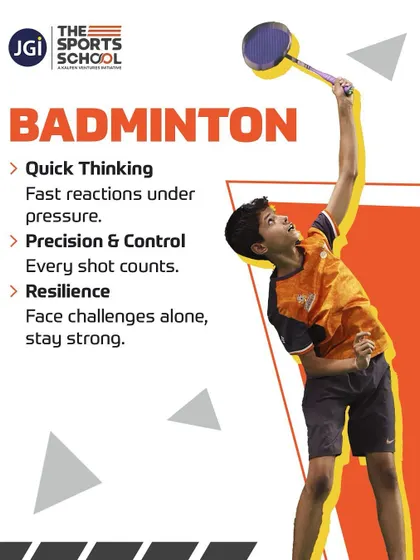This graphic details the life skills developed through badminton, including quick thinking, precision, and resilience.