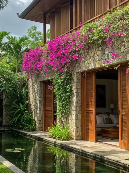 The natural stone facade of this home is softened by vibrant pink bougainvillea and a tranquil water lily pond. This design blends rustic materials with lush plantings to create a serene and inviting entryway.