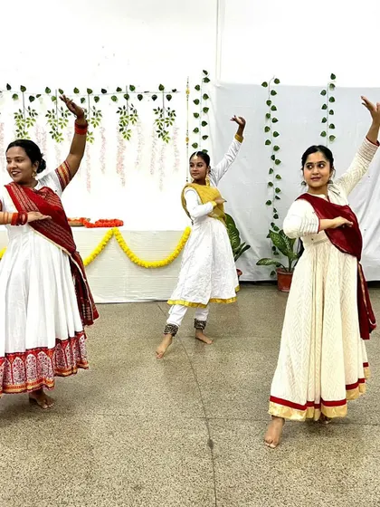 Our adult batch of Kathak students showcasing their skills. It is never too late to learn, and we welcome learners of all ages to join our classes and perform on stage.