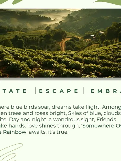 Estate, Escape, Embrace. This is the motto for our 'Somewhere Over The Rainbow' project, a place where dreams take flight amongst green trees and blue skies.